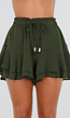 Olijfgroene Ruffle Skort met Elastische Taille en Strikkoord