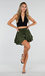 Olijfgroene Ruffle Skort met Elastische Taille en Strikkoord