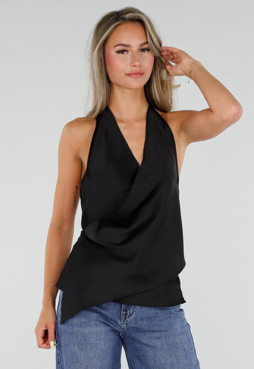 Zwarte Satijnen Halter Top met Overslag