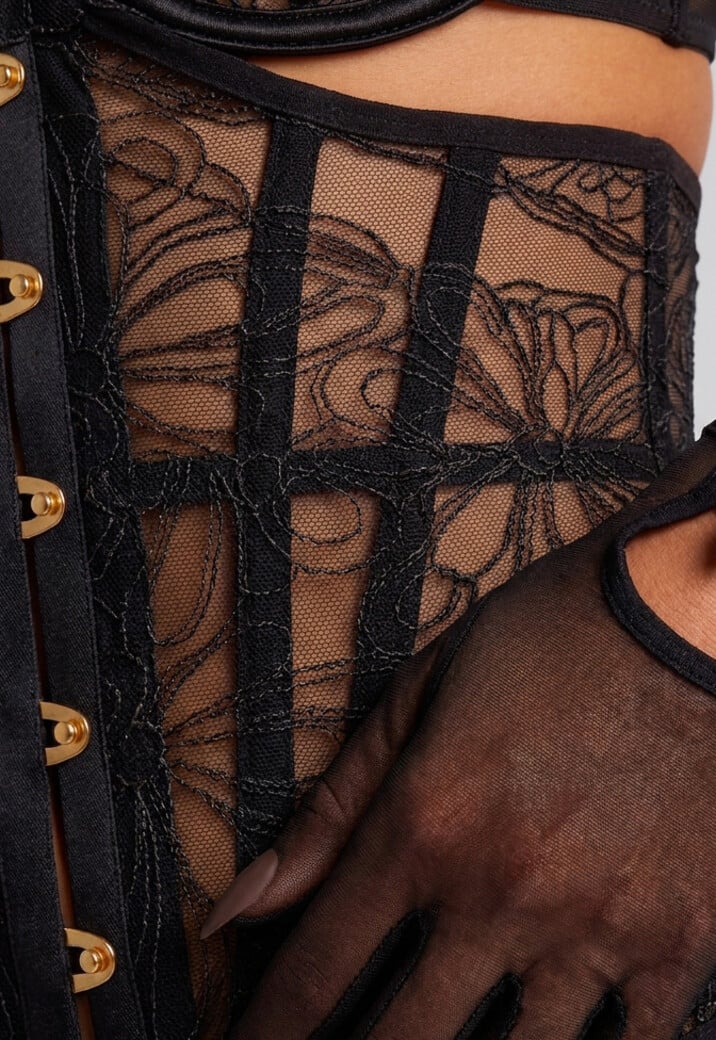 Zwart Kanten Lingerie Set met Korset en Jarretels
