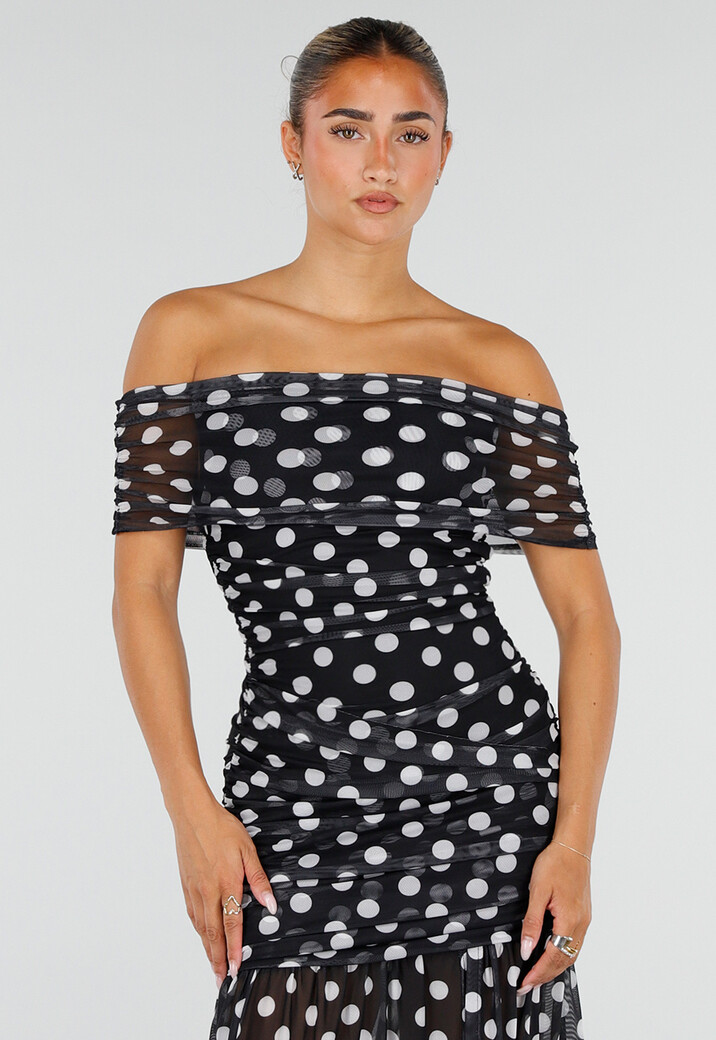Zwarte Mesh Lange Jurk met Stippen en Split van Stretch
