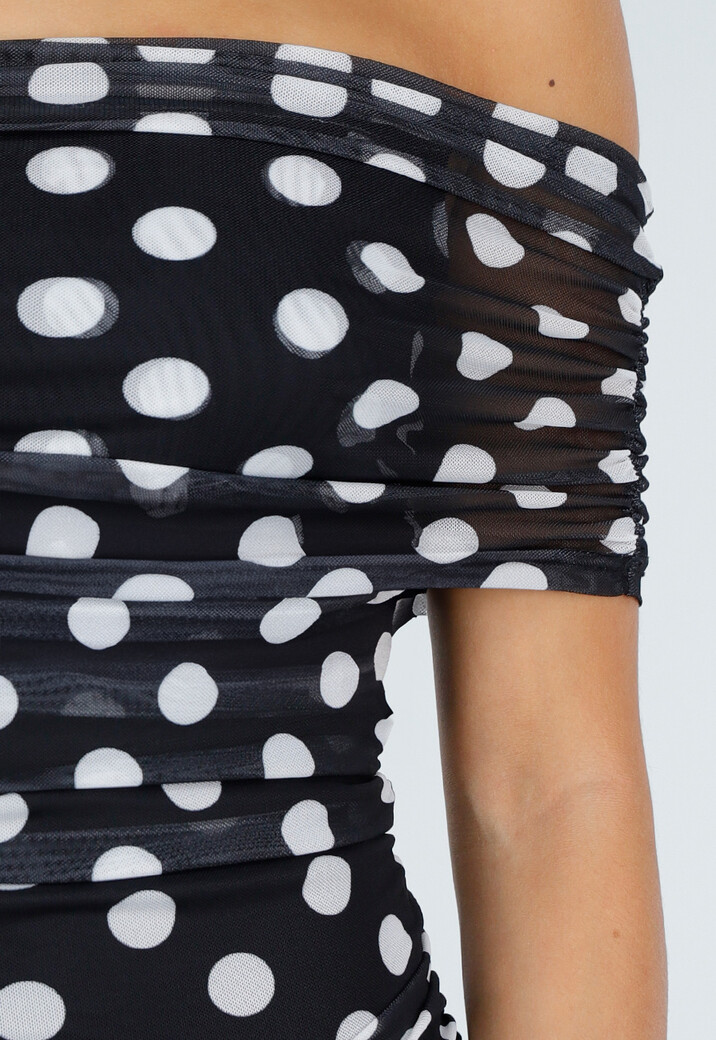 Zwarte Mesh Lange Jurk met Stippen en Split van Stretch