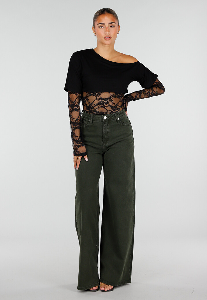 Donkergroene Wide Leg Jeans met Hoge Taille en Lichte Stretch