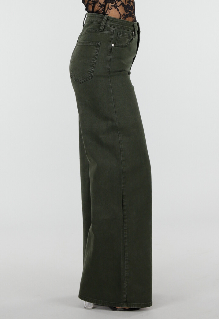 Donkergroene Wide Leg Jeans met Hoge Taille en Lichte Stretch