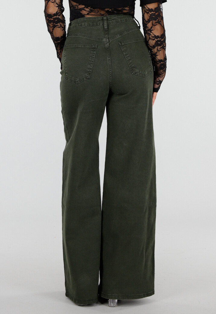 Donkergroene Wide Leg Jeans met Hoge Taille en Lichte Stretch