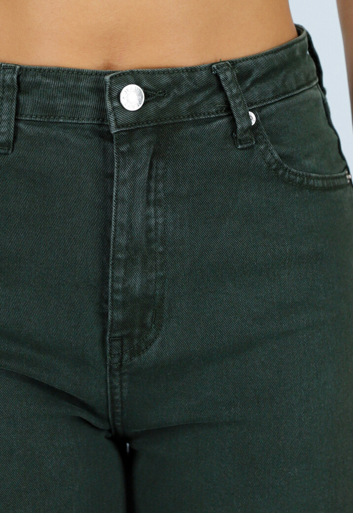 Donkergroene Wide Leg Jeans met Hoge Taille en Lichte Stretch