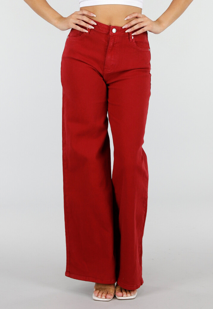 Rode Wide Leg Jeans met Hoge Taille en Lichte Stretch