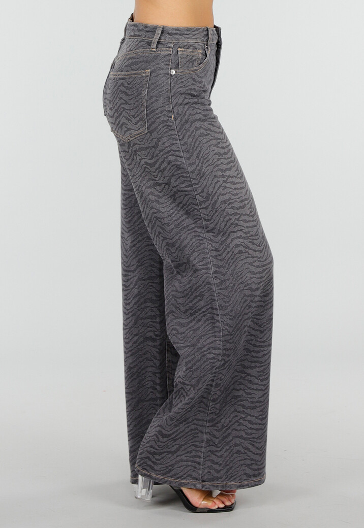 Grijze Wide Leg Jeans met Zebraprint en Lichte Stretch