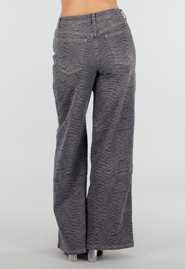 Grijze Wide Leg Jeans met Zebraprint en Lichte Stretch