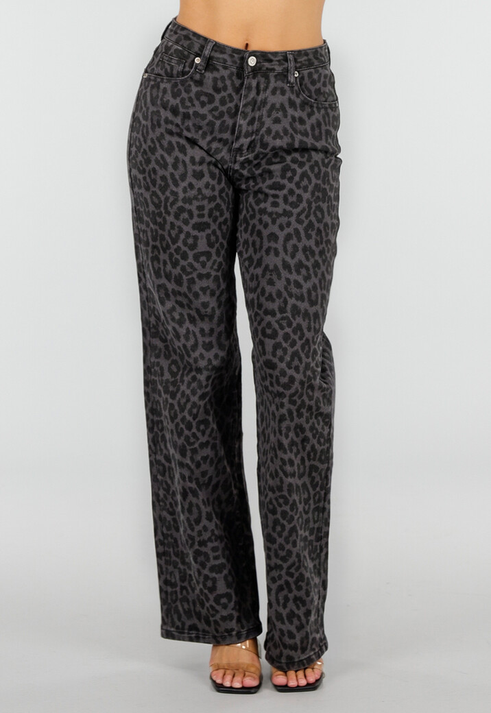 Grijze Straight Leg Jeans met Panterprint en Lichte Stretch