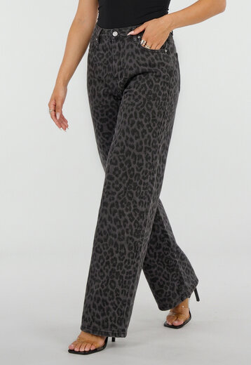 Grijze Straight Leg Jeans met Panterprint