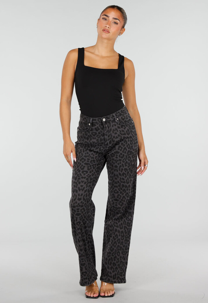 Grijze Straight Leg Jeans met Panterprint en Lichte Stretch