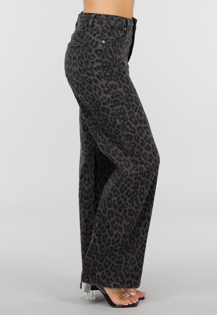 Grijze Straight Leg Jeans met Panterprint en Lichte Stretch