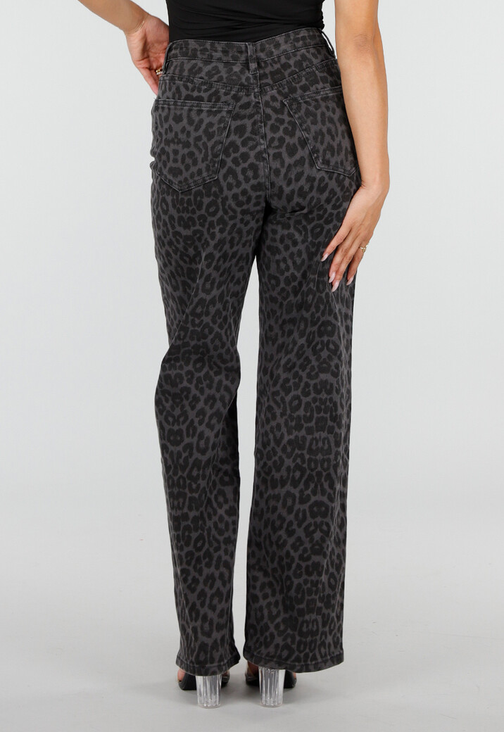 Grijze Straight Leg Jeans met Panterprint en Lichte Stretch