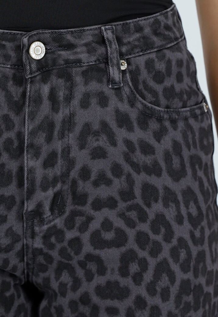 Grijze Straight Leg Jeans met Panterprint en Lichte Stretch