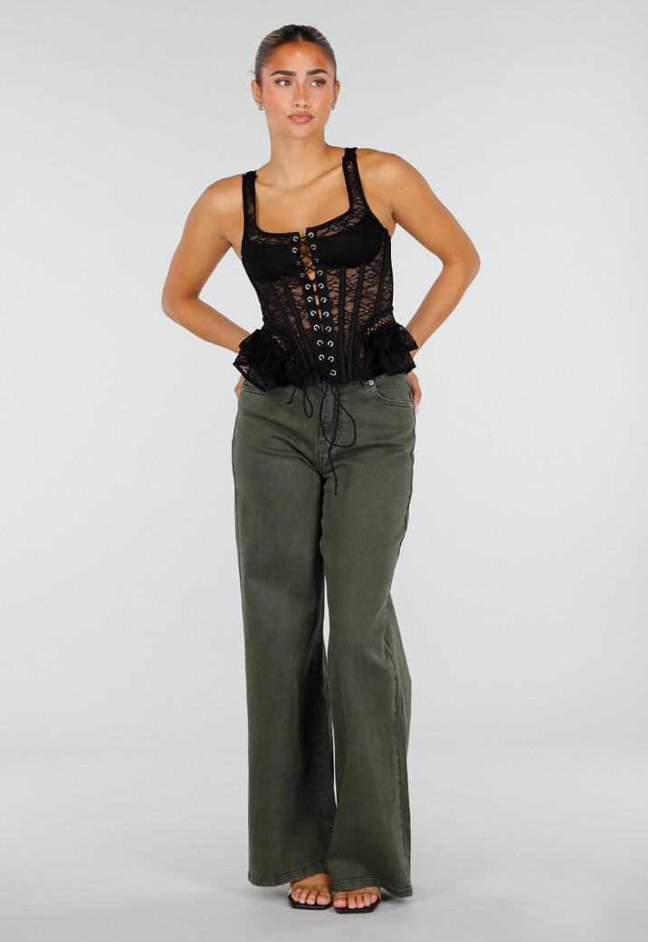 Olijfgroene Wide Leg Jeans met Hoge Taille en Lichte Stretch