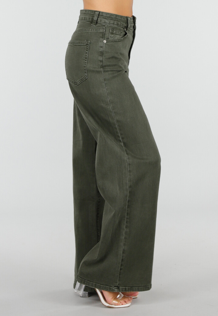 Olijfgroene Wide Leg Jeans met Hoge Taille en Lichte Stretch