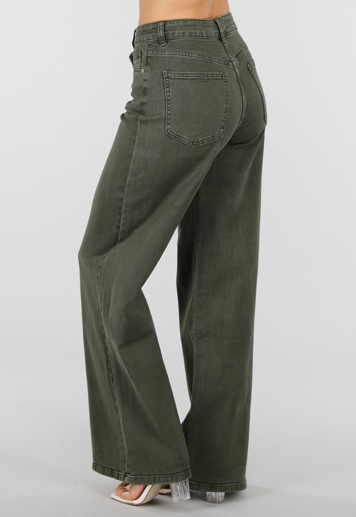 Olijfgroene Wide Leg Jeans met Hoge Taille en Lichte Stretch