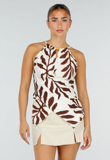 NEW120826 Beige Halter Top met Bladerenprint