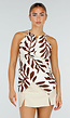 Beige Halter Top met Bladerenprint en Striksluiting op de Rug
