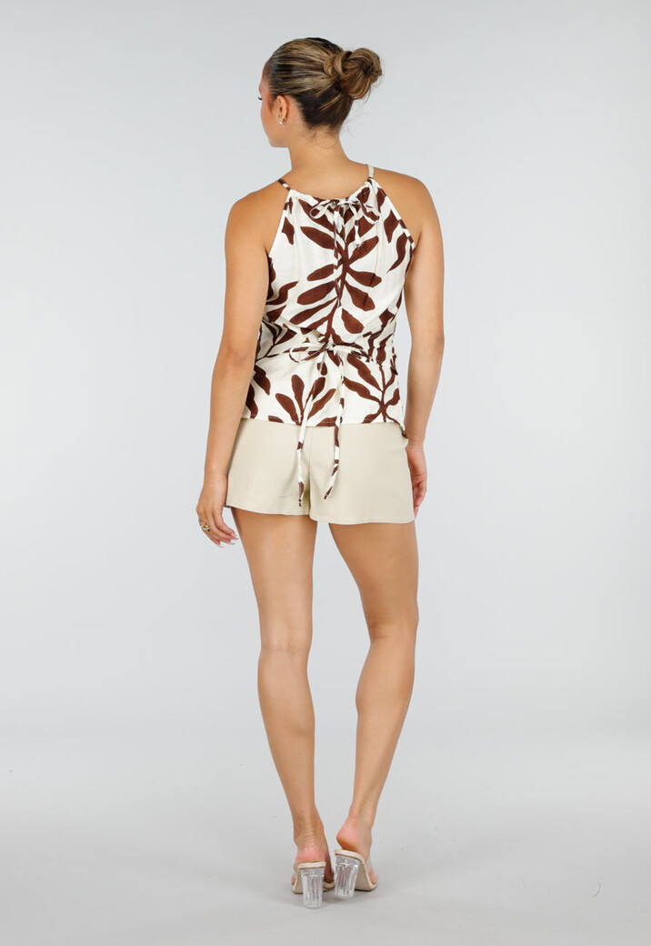 Beige Halter Top met Bladerenprint en Striksluiting op de Rug