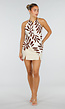 Beige Halter Top met Bladerenprint en Striksluiting op de Rug