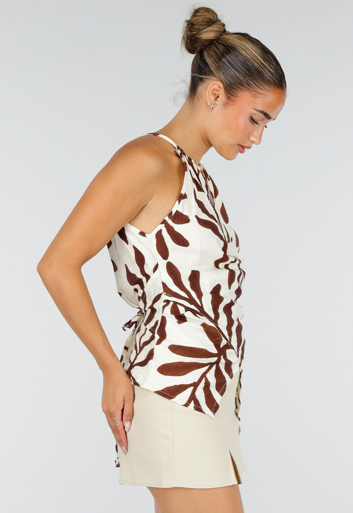 Beige Halter Top met Bladerenprint en Striksluiting op de Rug