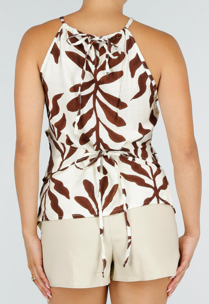 Beige Halter Top met Bladerenprint en Striksluiting op de Rug