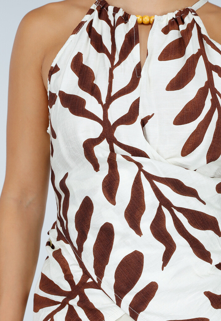 Beige Halter Top met Bladerenprint en Striksluiting op de Rug