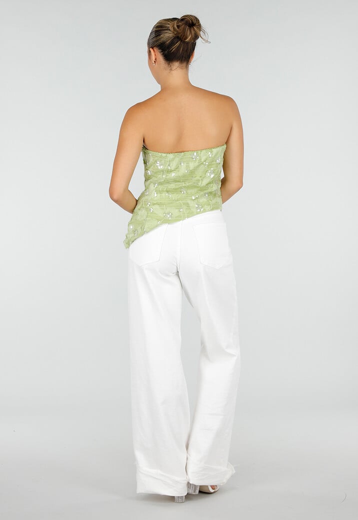 Olijfgroene Strapless Top met Pailletten, Bloemenpatroon en Blinde Rits