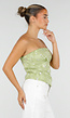 Olijfgroene Strapless Top met Pailletten, Bloemenpatroon en Blinde Rits