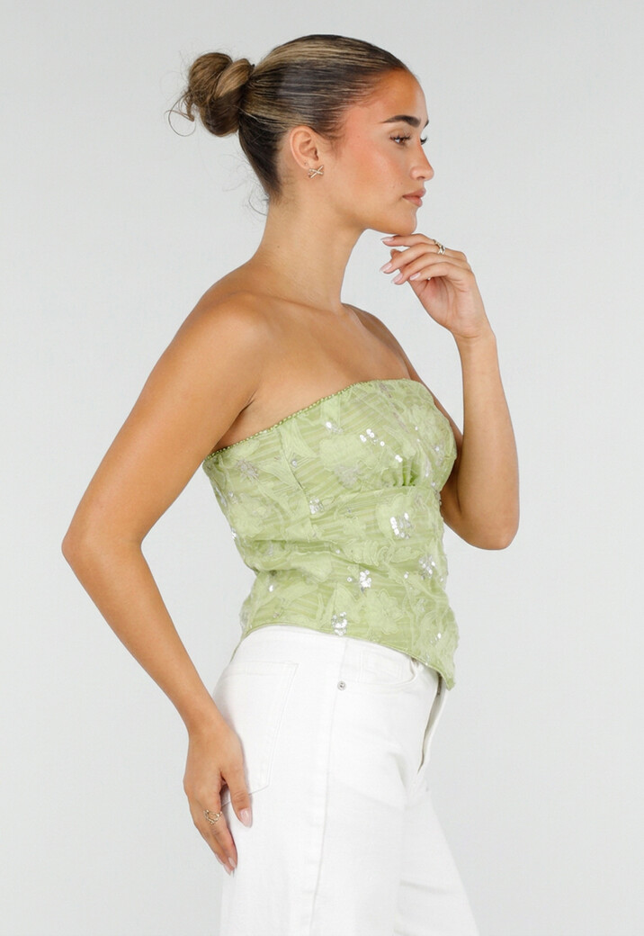 Olijfgroene Strapless Top met Pailletten, Bloemenpatroon en Blinde Rits