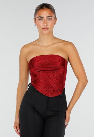 NEW120826 Bordeauxrode Strapless Fringe Top