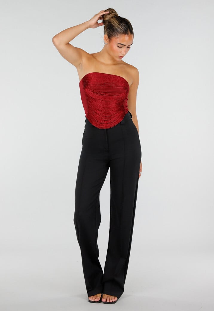 Bordeauxrode Strapless Fringe Top met Stretch