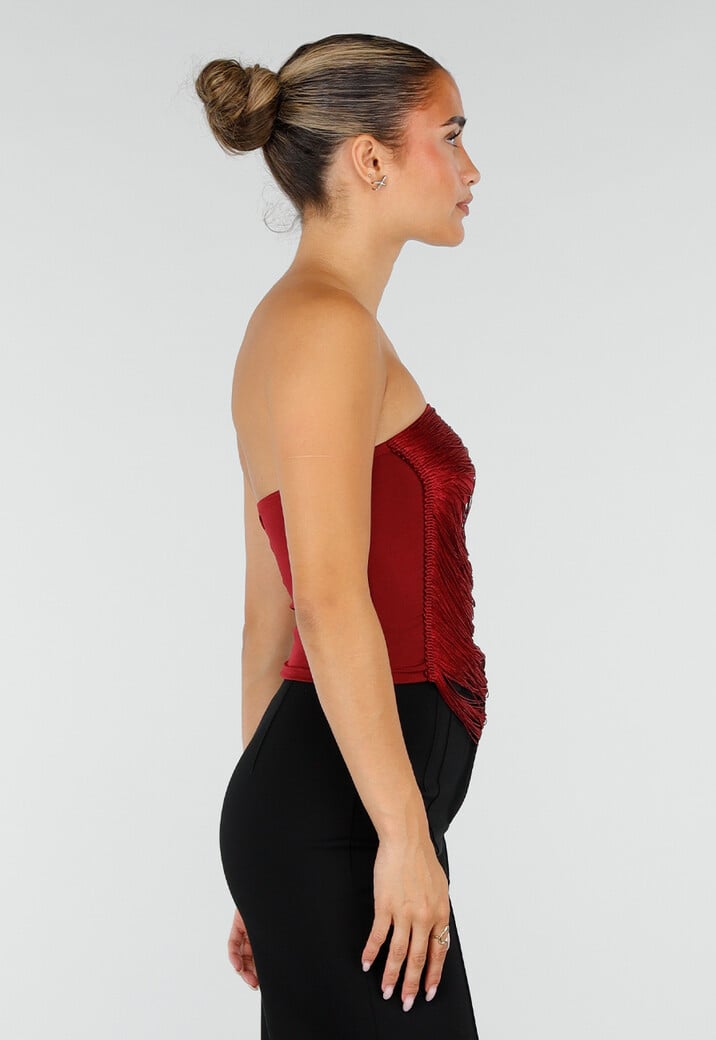 Bordeauxrode Strapless Fringe Top met Stretch