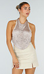Champagne Halter Fringe Top met Verstelbare Rugsluiting