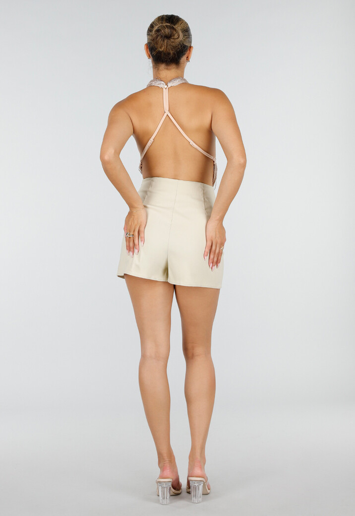 Champagne Halter Fringe Top met Verstelbare Rugsluiting