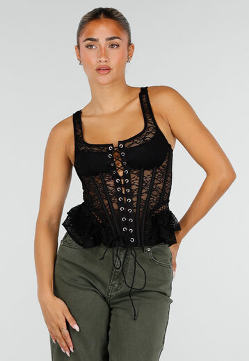 NEW120826 Zwart Kanten Peplum Korset