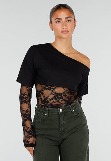 NEW120826 Zwarte One Shoulder Body met Kant
