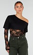 Zwarte One Shoulder Body met Kant en Drukknoopsluiting