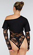 Zwarte One Shoulder Body met Kant en Drukknoopsluiting