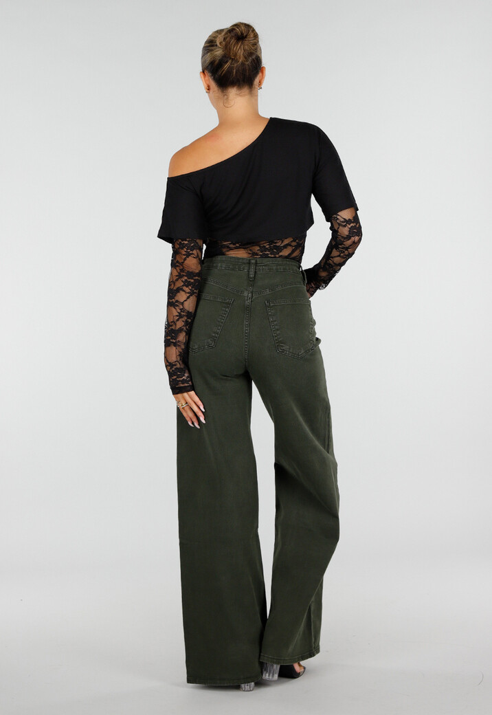 Zwarte One Shoulder Body met Kant en Drukknoopsluiting