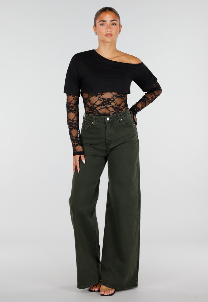 Zwarte One Shoulder Body met Kant en Drukknoopsluiting