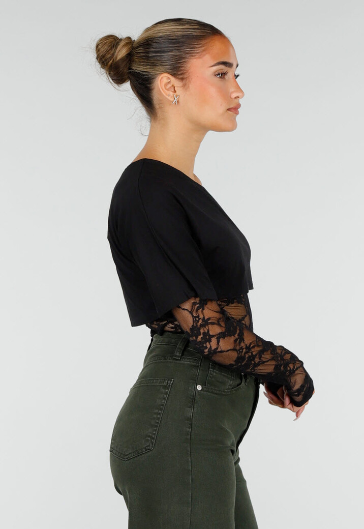 Zwarte One Shoulder Body met Kant en Drukknoopsluiting