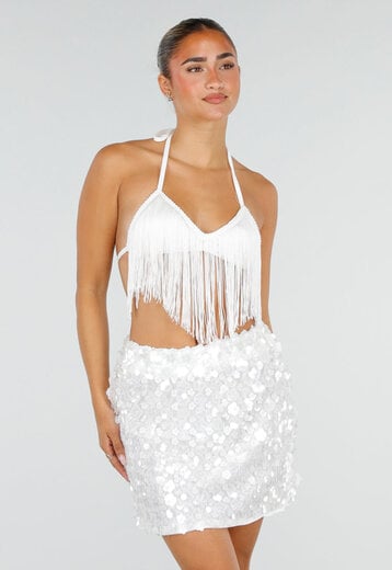 NEW120826 Witte Fringe Halter Top