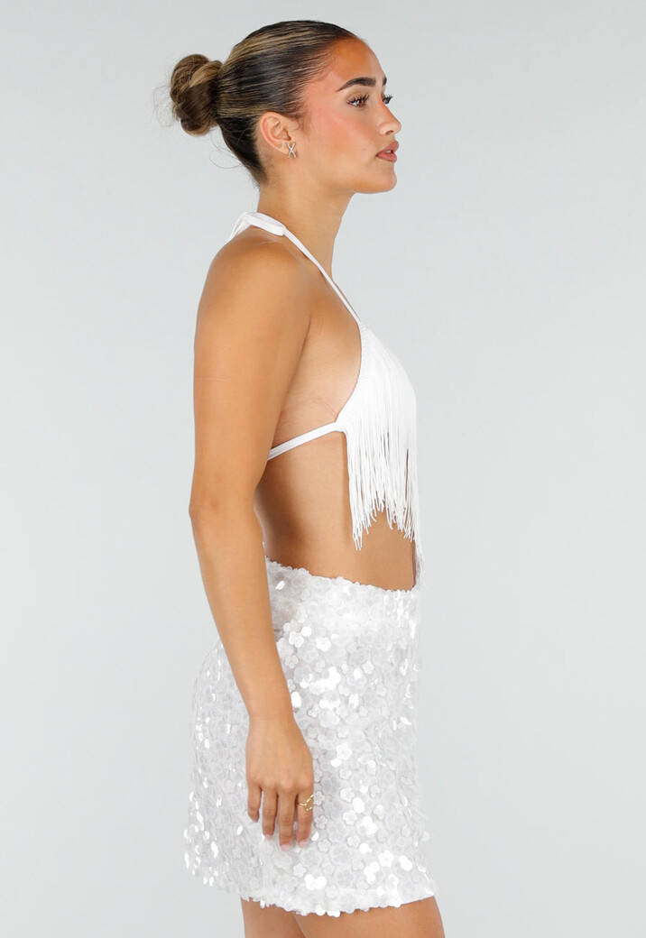 Witte Fringe Halter Top met Verstelbare Rugsluiting