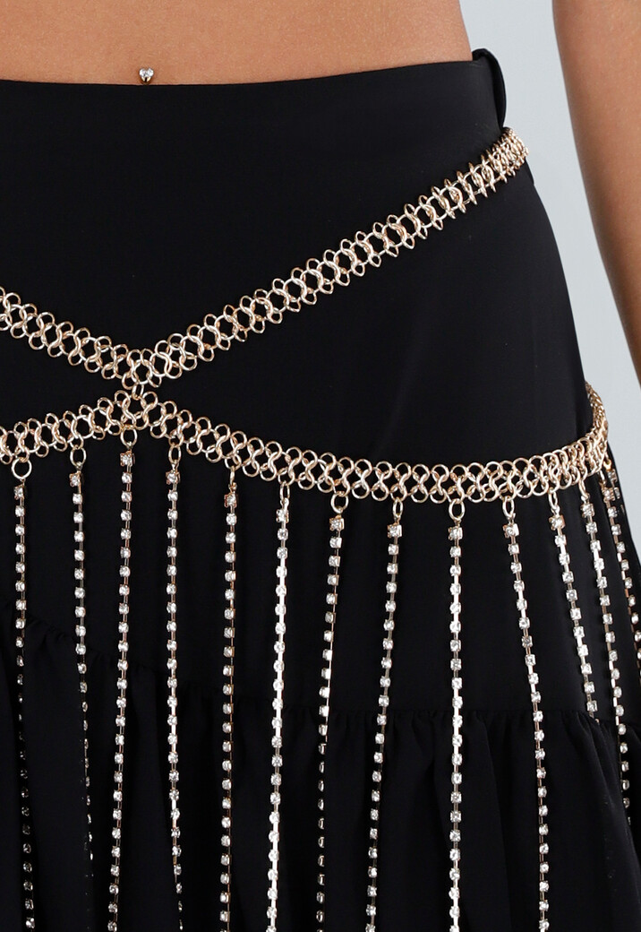Goudkleurige Tailleketting met Strass en Lange Hangers