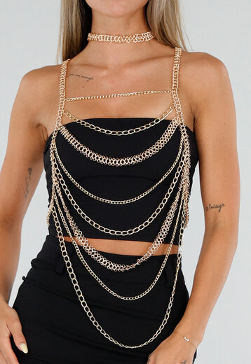 NEW120826 Goudkleurige Bodychain met Choker