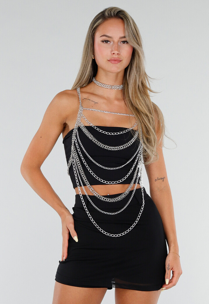 Zilverkleurige Bodychain met Choker en Verstelbare Rugsluiting