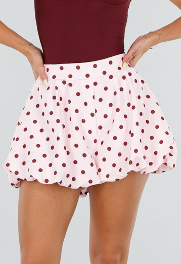 NEW120826 Roze Ballon Short met Bordeaux Stippen